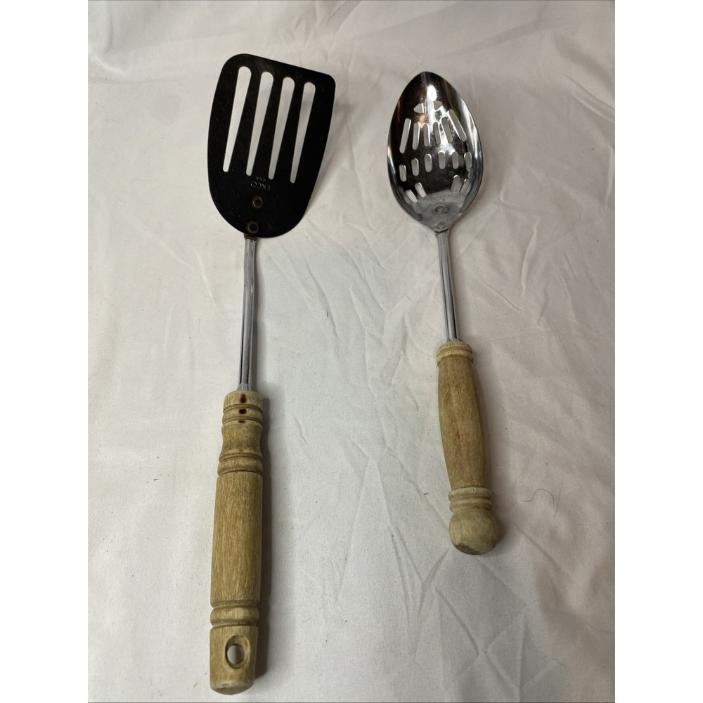 Vintage Ecko Slotted Stainless‎ Steel Spatula And Slotted Spoon Wooden Handles